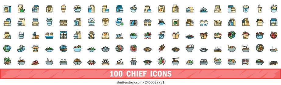 Conjunto de 100 iconos principales. Conjunto de línea de color de iconos vectoriales principales línea fina de color plana en blanco