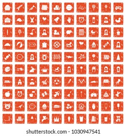 100 child center icons set in grunge style orange color isolated on white background vector illustration
