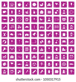 100 child center icons set in grunge style pink color isolated on white background vector illustration