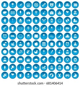 100 child center icons set in blue circle isolated on white vector illustration