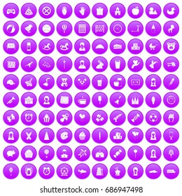100 child center icons set in purple circle isolated on white vector illustration