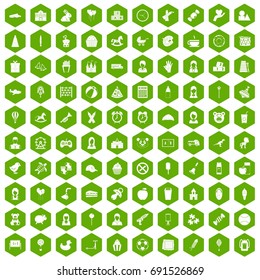 100 child center icons set in green hexagon isolated vector illustration