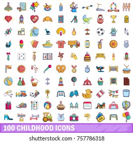 100 childhood icons set. Cartoon illustration of 100 childhood vector icons isolated on white background