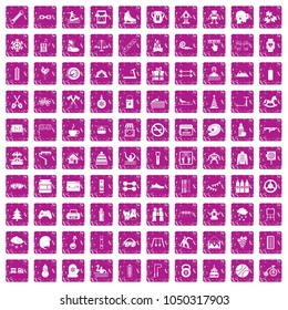 100 children activities icons set in grunge style pink color isolated on white background vector illustration
