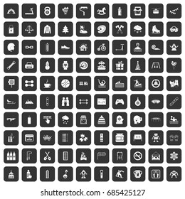 100 children activities icons set in black color isolated vector illustration