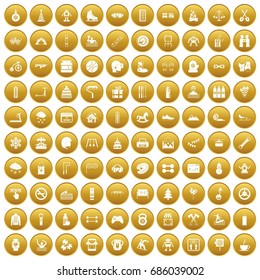 100 children activities icons set in gold circle isolated on white vectr illustration