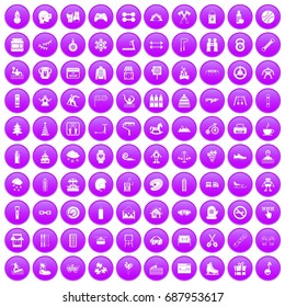 100 children activities icons set in purple circle isolated vector illustration