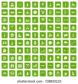 100 children activities icons set in grunge style green color isolated on white background vector illustration