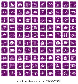 100 children activities icons set in grunge style purple color isolated on white background vector illustration