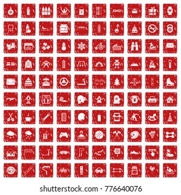 100 children activities icons set in grunge style red color isolated on white background vector illustration