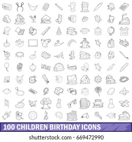 100 children birthday icons set in outline style for any design vector illustration