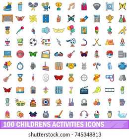 100 childrens activities icons set. Cartoon illustration of 100 childrens activities vector icons isolated on white background