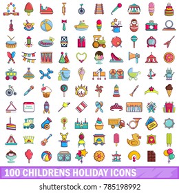 100 childrens holiday icons set. Cartoon illustration of 100 childrens holiday vector icons isolated on white background