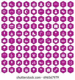 100 childrens  icons set in violet hexagon isolated vector illustration
