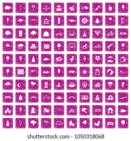100 childrens park icons set in grunge style pink color isolated on white background vector illustration