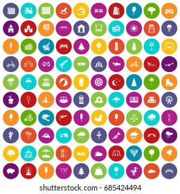 100 childrens park icons set in different colors circle isolated vector illustration