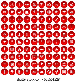 100 childrens park icons set in red circle isolated on white vectr illustration
