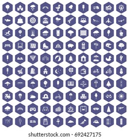 100 childrens park icons set in purple hexagon isolated vector illustration