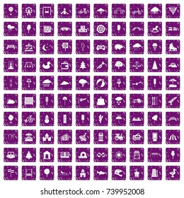 100 childrens park icons set in grunge style purple color isolated on white background vector illustration