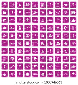 100 childrens parties icons set in grunge style pink color isolated on white background vector illustration