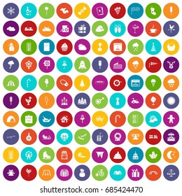100 childrens parties icons set in different colors circle isolated vector illustration