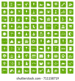 100 childrens parties icons set in grunge style green color isolated on white background vector illustration