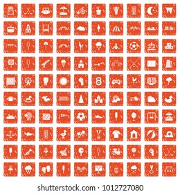 100 childrens playground icons set in grunge style orange color isolated on white background vector illustration