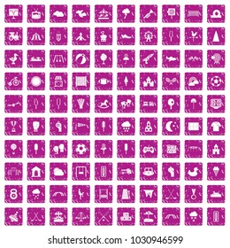 100 childrens playground icons set in grunge style pink color isolated on white background vector illustration