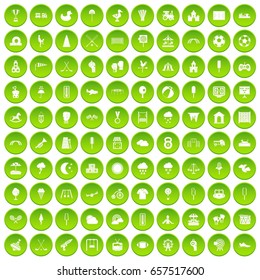 100 childrens playground icons set green circle isolated on white background vector illustration