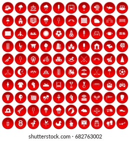 100 childrens playground icons set in red circle isolated on white vector illustration