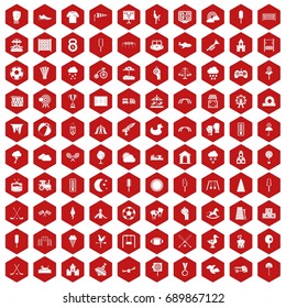 100 childrens playground icons set in red hexagon isolated vector illustration