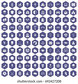100 childrens playground icons set in purple hexagon isolated vector illustration
