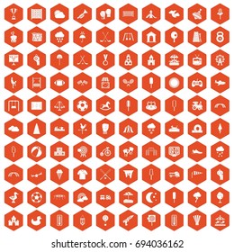 100 childrens playground icons set in orange hexagon isolated vector illustration