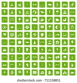 100 childrens playground icons set in grunge style green color isolated on white background vector illustration