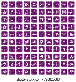 100 childrens playground icons set in grunge style purple color isolated on white background vector illustration