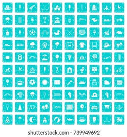 100 childrens playground icons set in grunge style blue color isolated on white background vector illustration