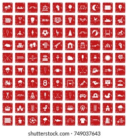 100 childrens playground icons set in grunge style red color isolated on white background vector illustration