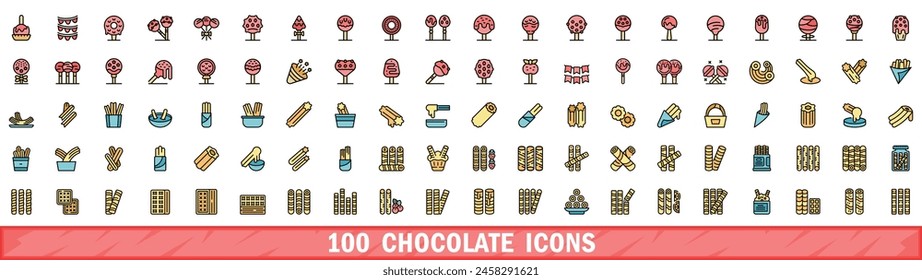100 chocolate icons set. Color line set of chocolate vector icons thin line color flat on white