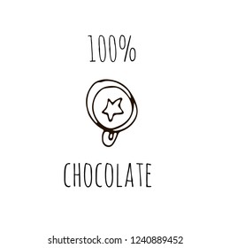 100% chocolate logo with cup of coffee in hand drawn style. Vector illustration