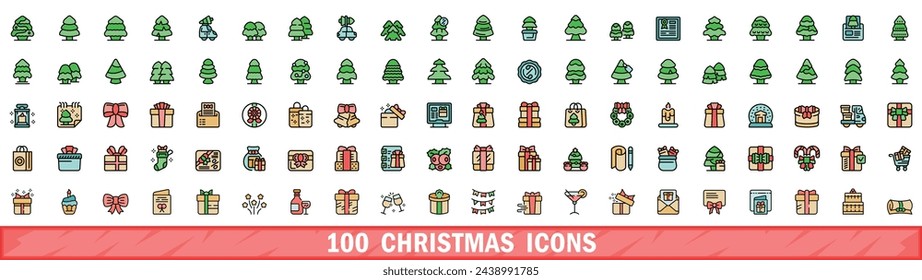 100 christmas icons set. Color line set of christmas vector icons thin line color flat on white