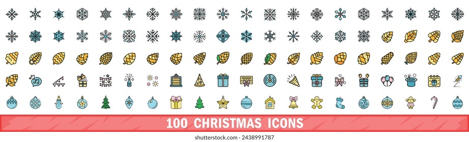 100 christmas icons set. Color line set of christmas vector icons thin line color flat on white