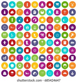 100 christmas icons set in different colors circle isolated vector illustration