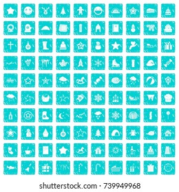 100 christmas icons set in grunge style blue color isolated on white background vector illustration
