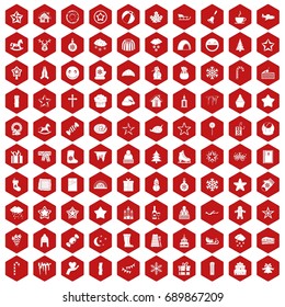 100 christmas icons set in red hexagon isolated vector illustration