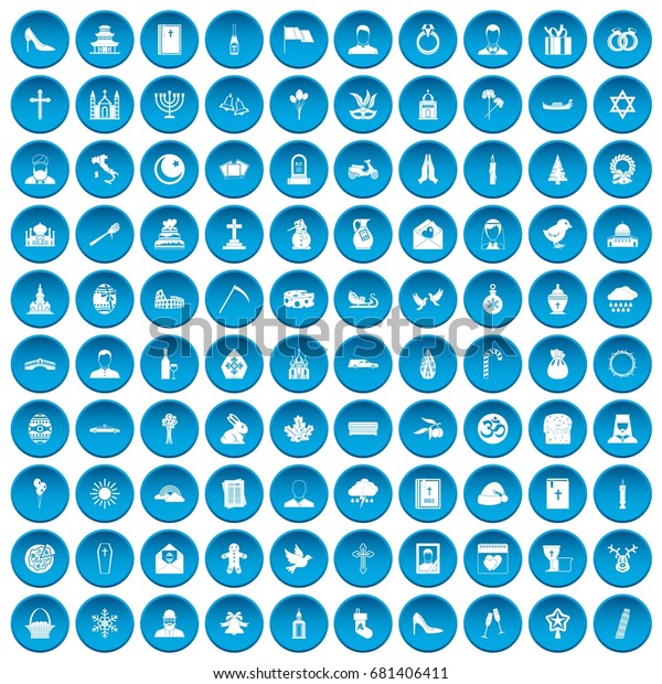 100 church icons set in blue circle isolated\
on white vector\
illustration