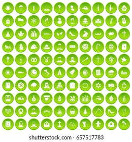 100 church icons set green circle isolated on white background vector illustration