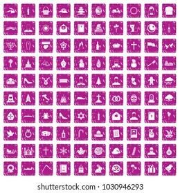 100 church icons set in grunge style pink color isolated on white background vector illustration