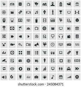100 cinema icons, black on square gray background 