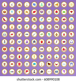 100 cinema icons set in cartoon style on purple background vector illustration