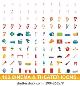 100 cinema and theater icons set. Cartoon illustration of 100 cinema and theater icons vector set isolated on white background